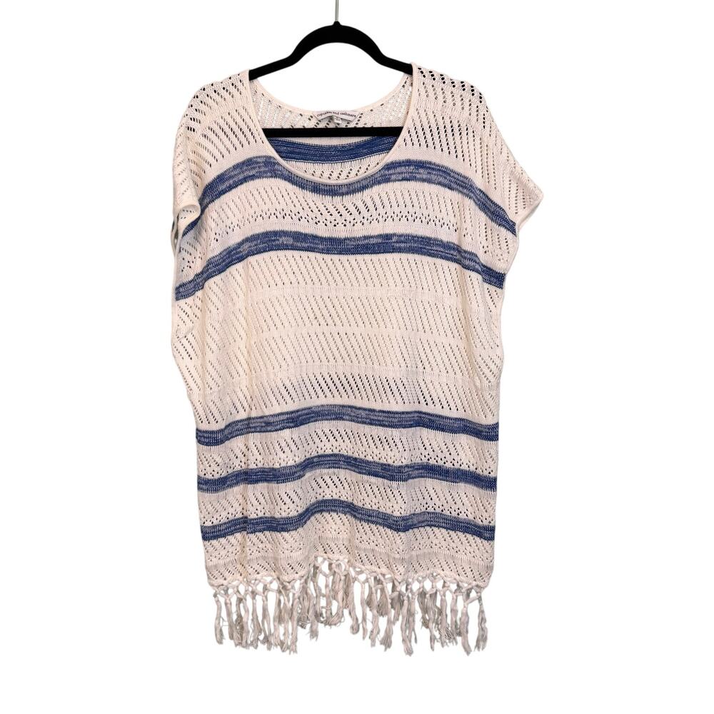 Cupcakes & Cashmere Pura Vida Top Womens S White Striped Open Knit Fringe Boho - Picture 1 of 9